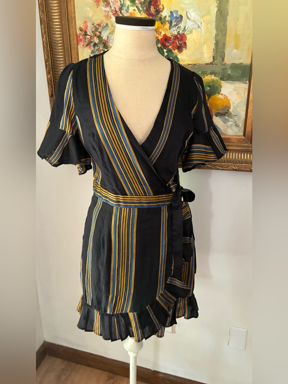 Honey Punch Navy Gold Striped Wrap Dress Size Medium